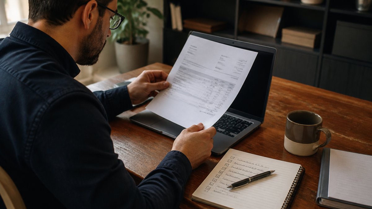 Agency owner reviewing a white label hosting invoice and contract at a desk with fee notes