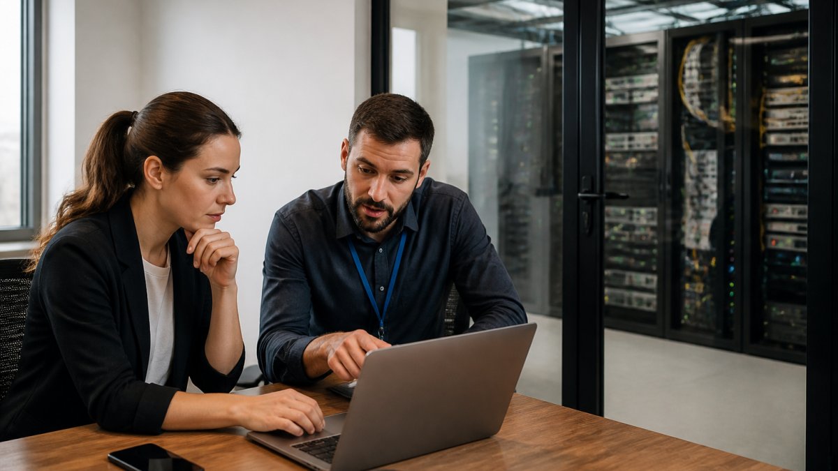 A startup founder and an infrastructure engineer reviewing a checklist on a laptop in a small office, with a server rack visible through a glass door behind them