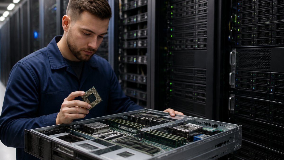 A server technician in a data center aisle inspecting an open rack-mounted server chassis, holding a processor module, with rows of blinking server racks behind him