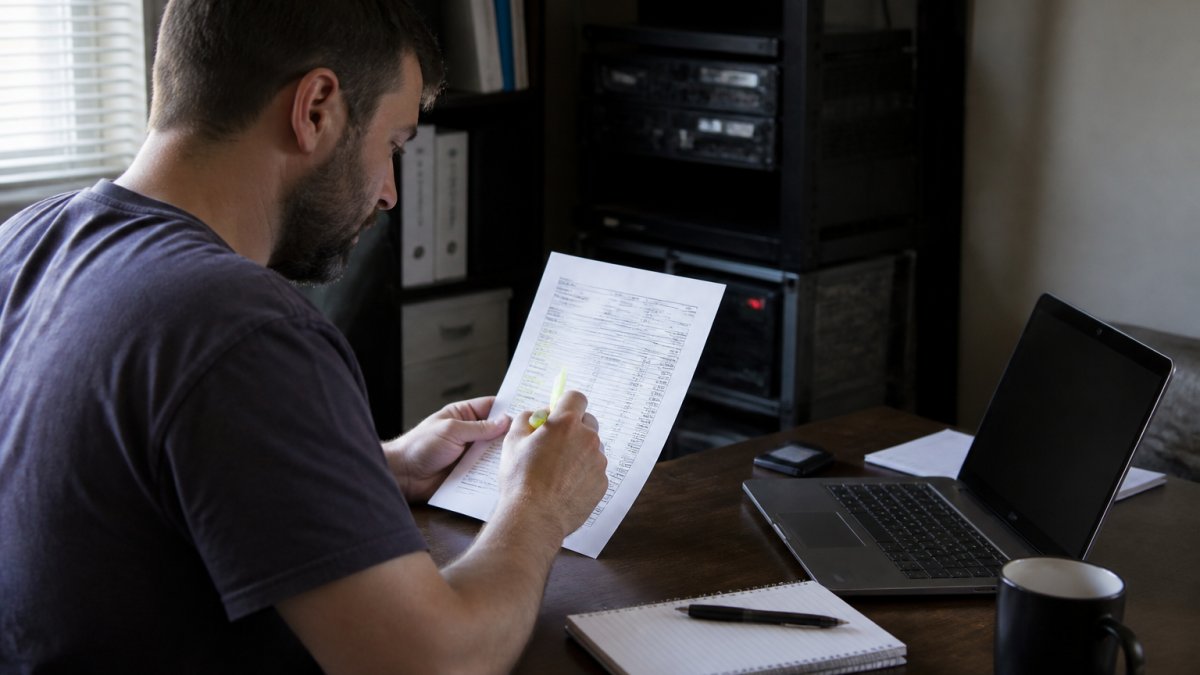 A person at a desk studying a printed server invoice with a highlighter, laptop showing a bandwidth usage graph beside them in a dim home office