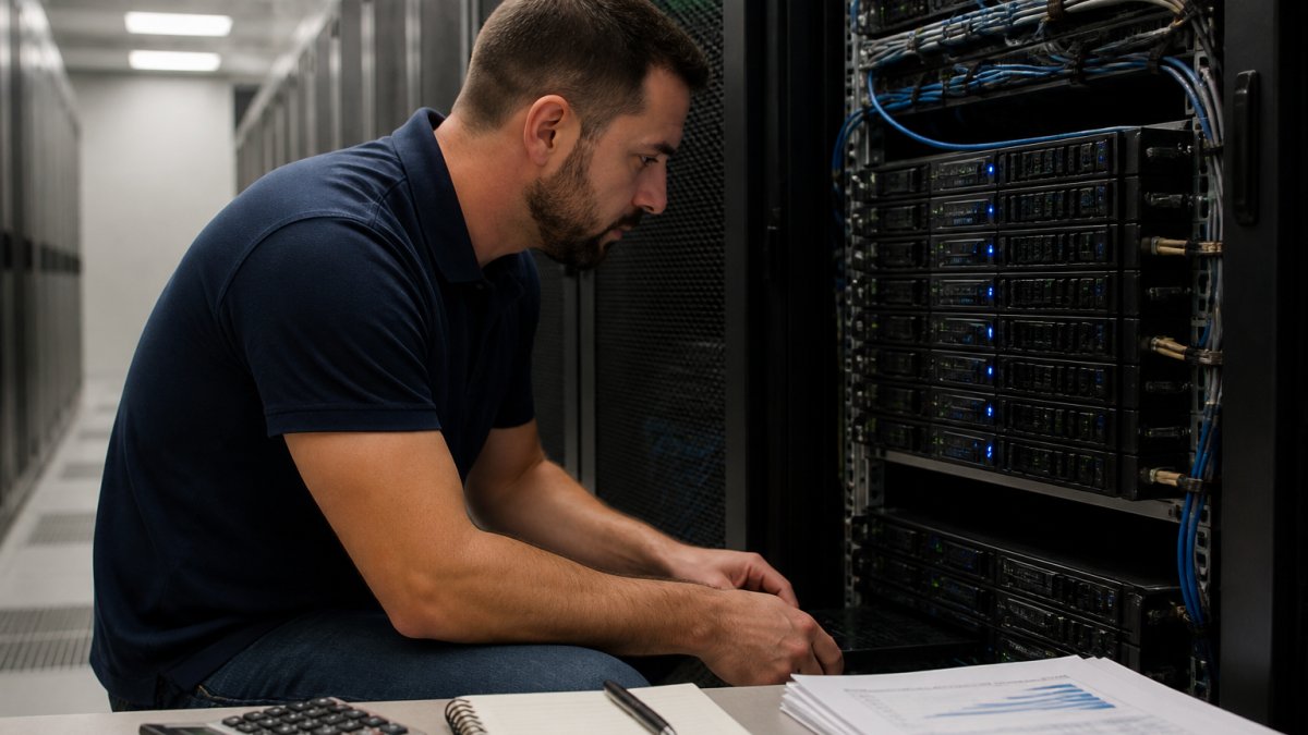 A data center technician in a server aisle inspecting a rack cabinet filled with blade servers, blue indicator lights glowing and neatly bundled cables visible, cool overhead lighting