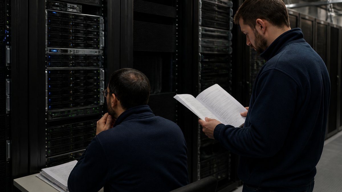 Database administrators reviewing a cutover runbook during a bare metal migration in a server room.