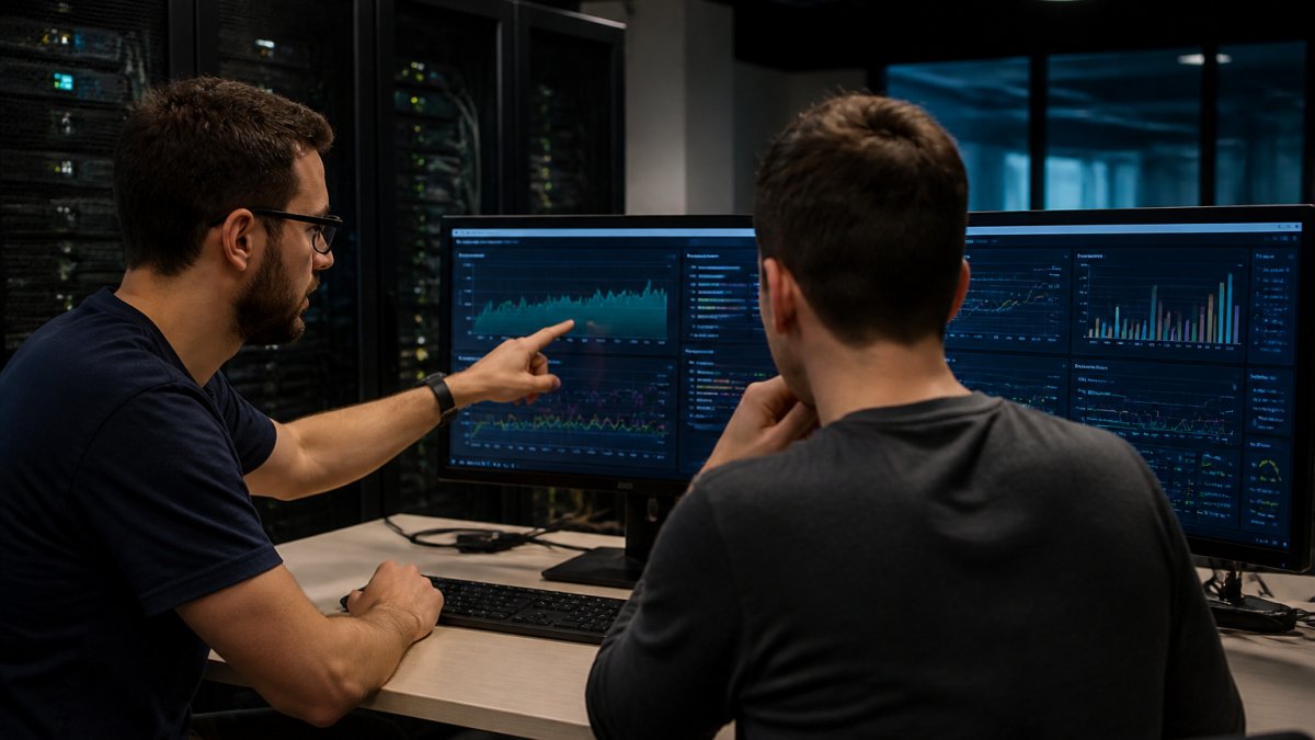 Two hosting agency engineers reviewing server monitoring dashboards on dual monitors in a dimly lit office, one pointing at a traffic graph on screen