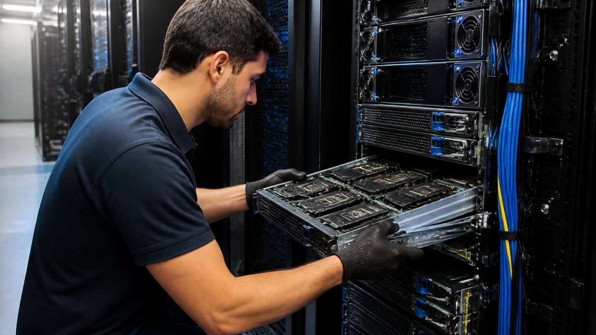 Technician installing GPU server hardware to build AI infrastructure in a climate-controlled data center.