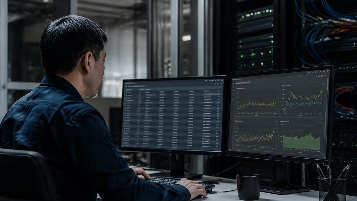 IT engineer monitoring network traffic dashboards to analyze cloud egress costs in a server room office