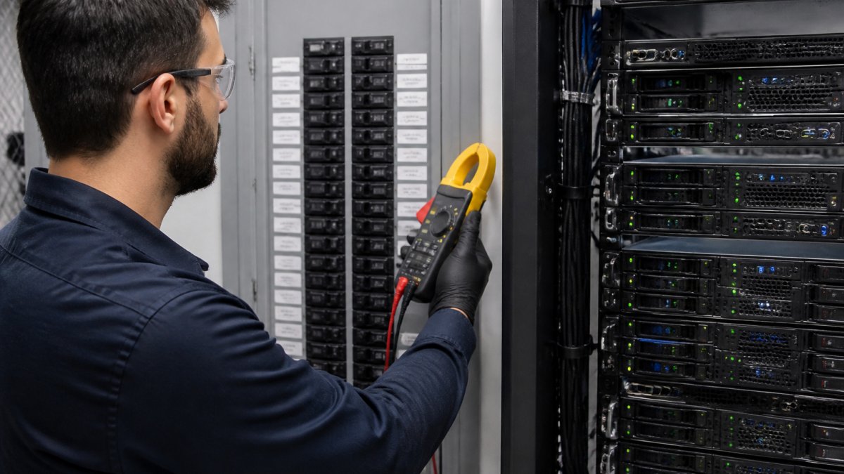A technician in a server room holding a clamp meter near a rack of servers, checking power draw on a labeled breaker panel