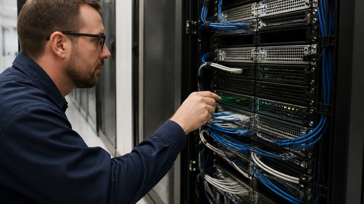 A technician in a data center aisle inspecting network cables plugged into a bare metal server rack, with blinking port lights visible
