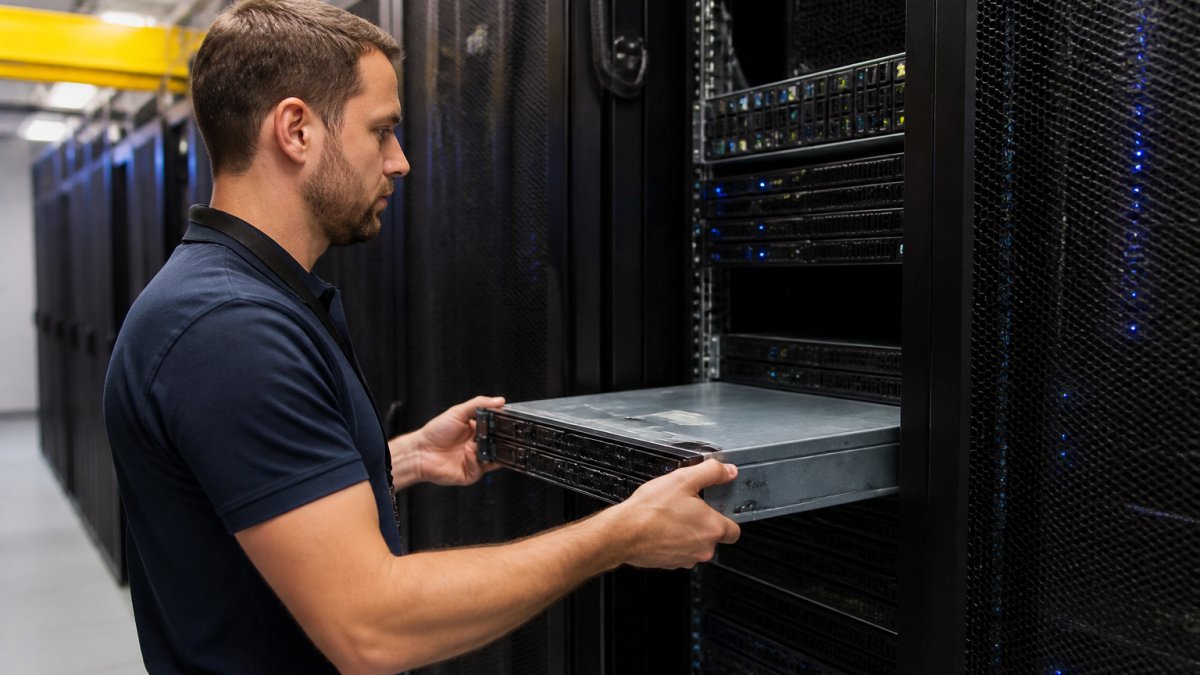 A technician in a server room sliding a rack-mounted server into a colocation rack, with rows of blinking equipment and cool overhead lighting in the background