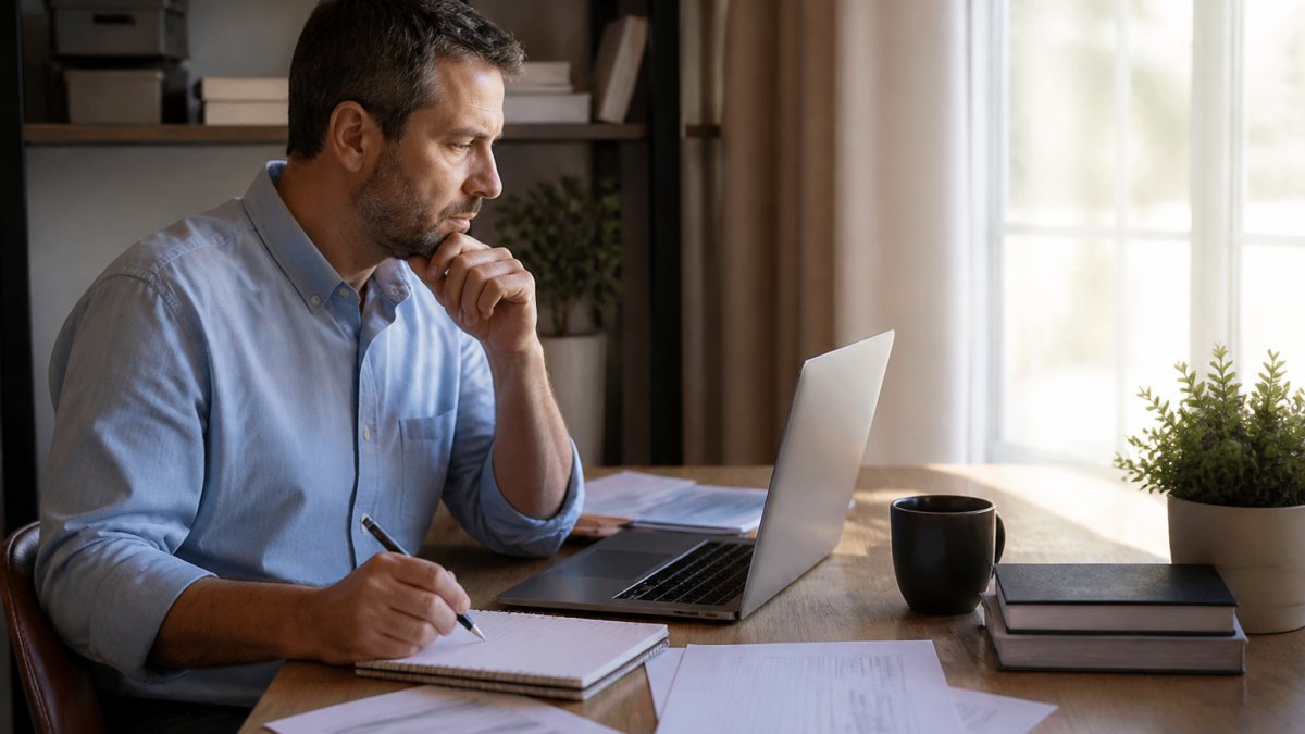 A small business owner at a tidy desk reviewing a spreadsheet of expenses and revenue on a laptop, with a notepad and coffee nearby in a bright home office