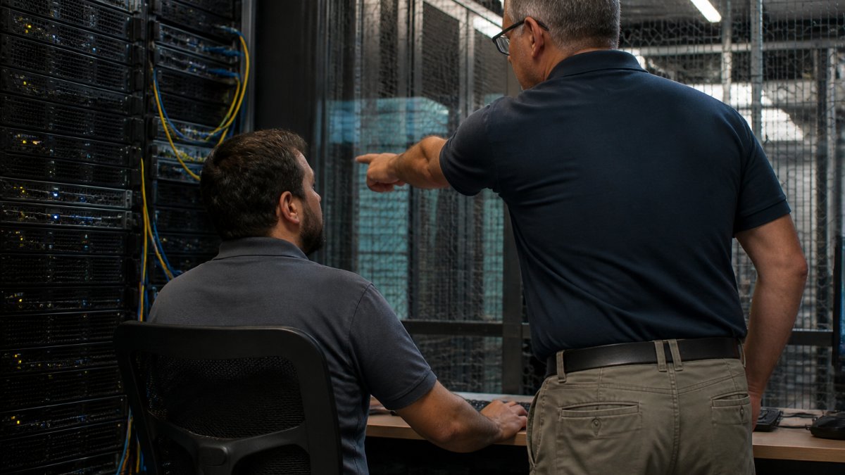 Site reliability engineers monitoring database spikes for high traffic apps on dual monitors in a server room