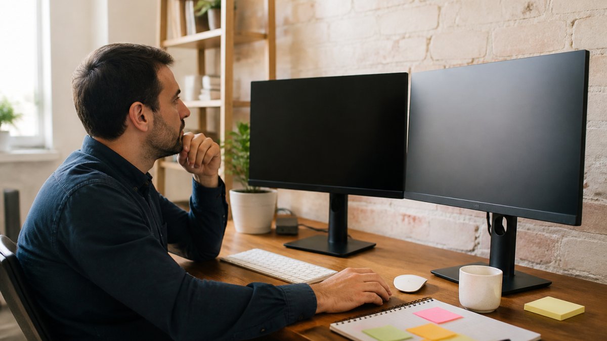 A web designer at a dual-monitor desk reviewing multiple client website dashboards, with sticky notes and a notebook nearby in a bright home studio