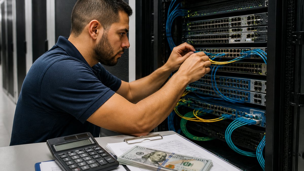 A network engineer in a navy shirt reviewing fiber optic patch cables and routing equipment inside a data center server aisle, with labeled patch panels and blinking switches visible under cool overhead lighting